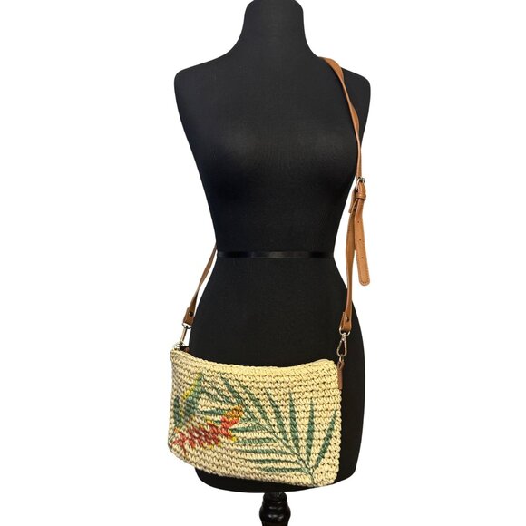 Woven Straw Crossbody Bag Adjustable Strap Tropical Palm Leaf Lining Zara - Picture 1 of 7